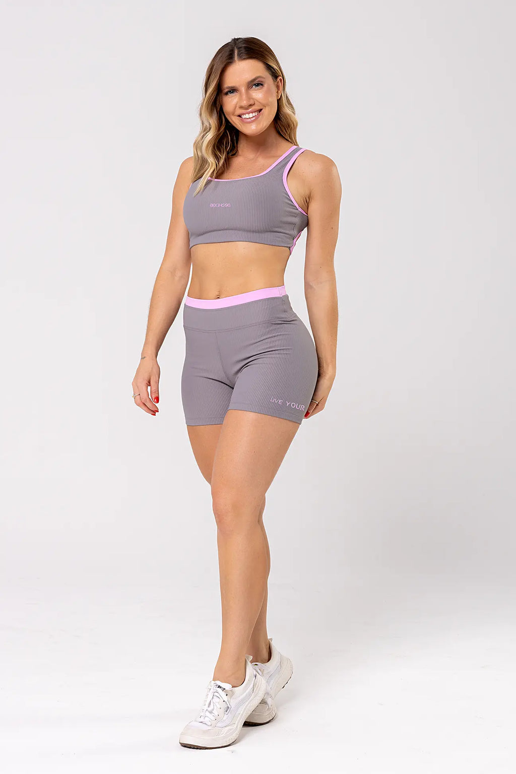 Shorts Amarilis Cinza Canelado/Rosa Balerine
