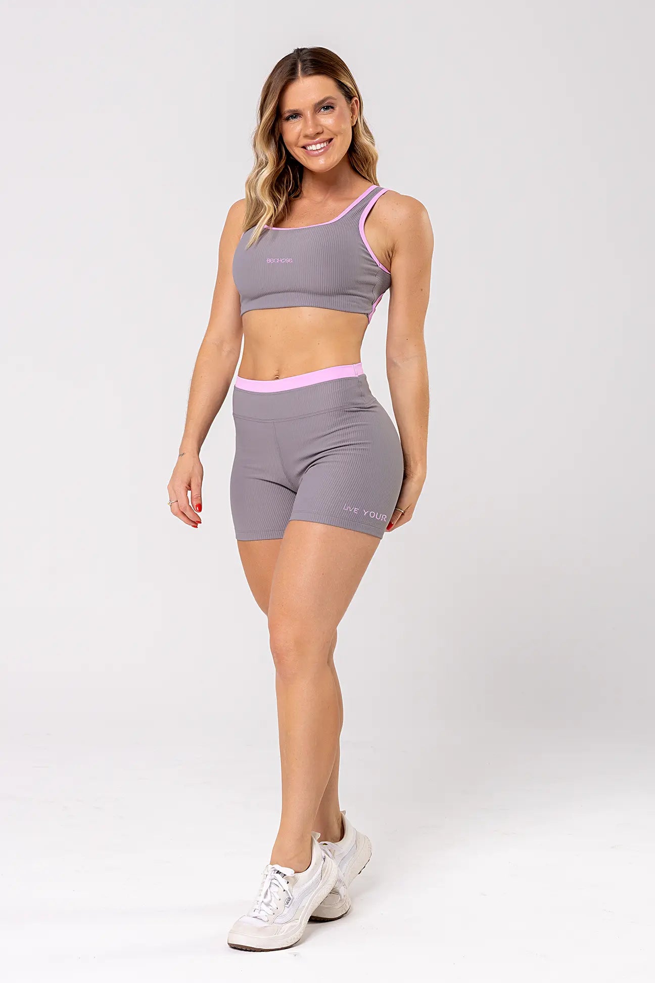 Shorts Amarilis Cinza Canelado/Rosa Balerine