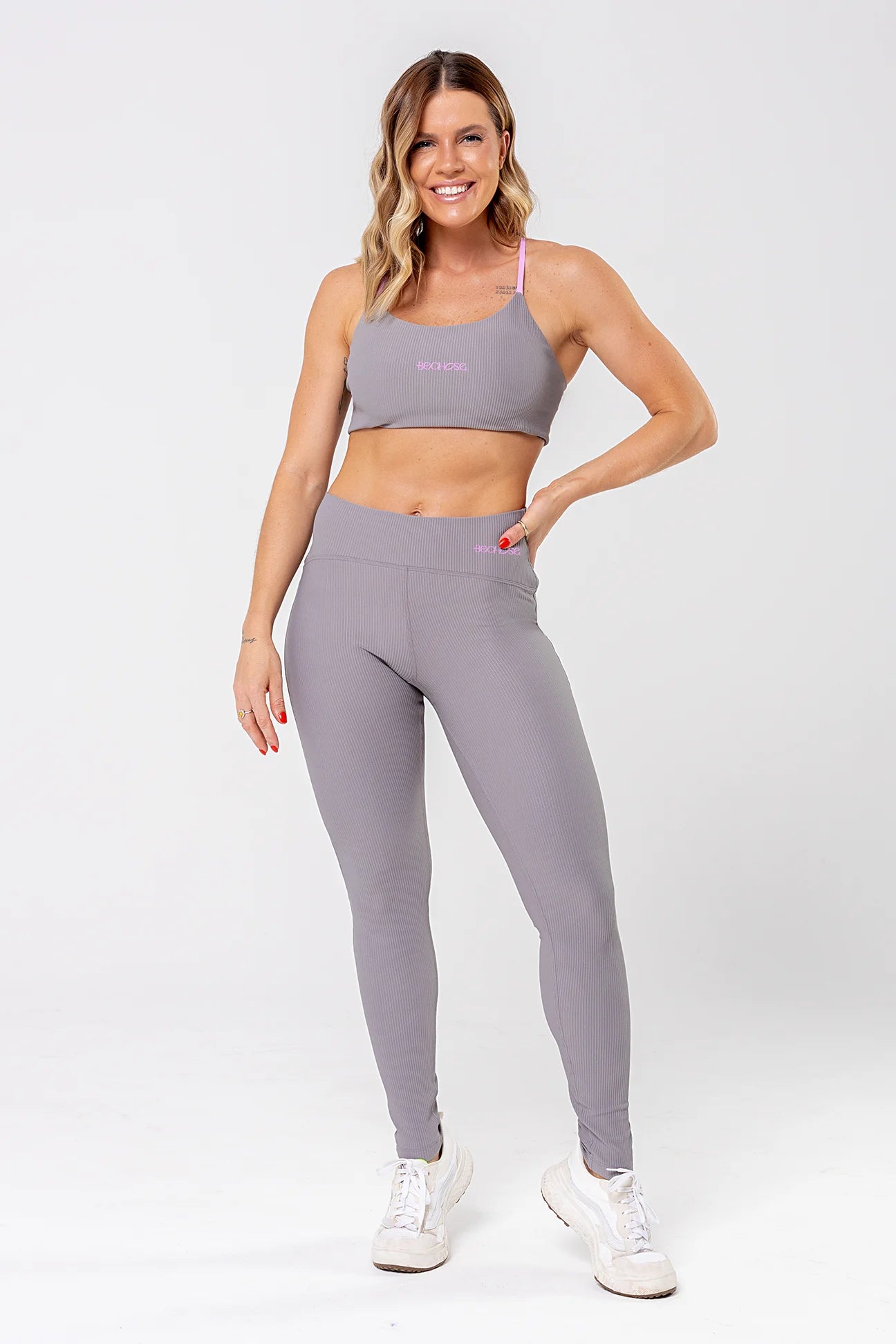 Top Flor Cinza Canelado/Rosa Balerine